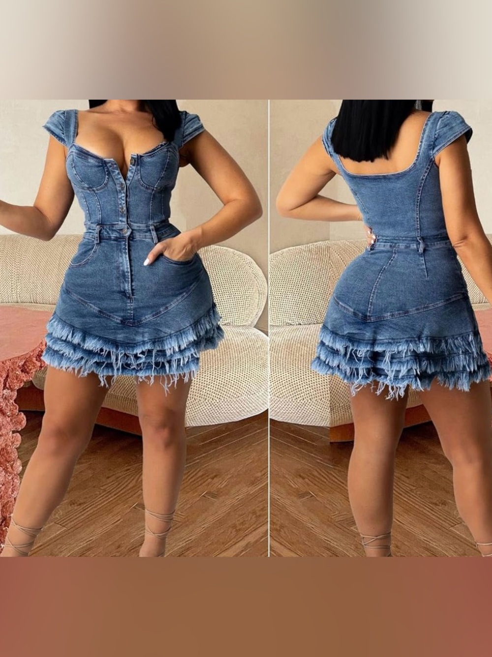 Denim Ruffle Mini Dress - Blue